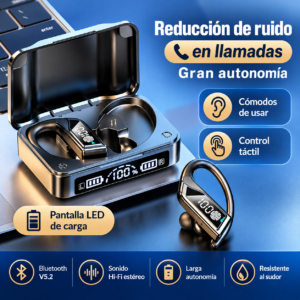 Auriculares Q8 Bluetooth 5.2 negros con sujetador flexible y estuche con pantalla LED