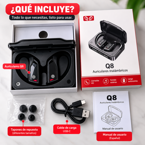 Q8: contenido del paquete Contenido del paquete Q8: auriculares, estuche, almohadillas, cable USB-C y manual